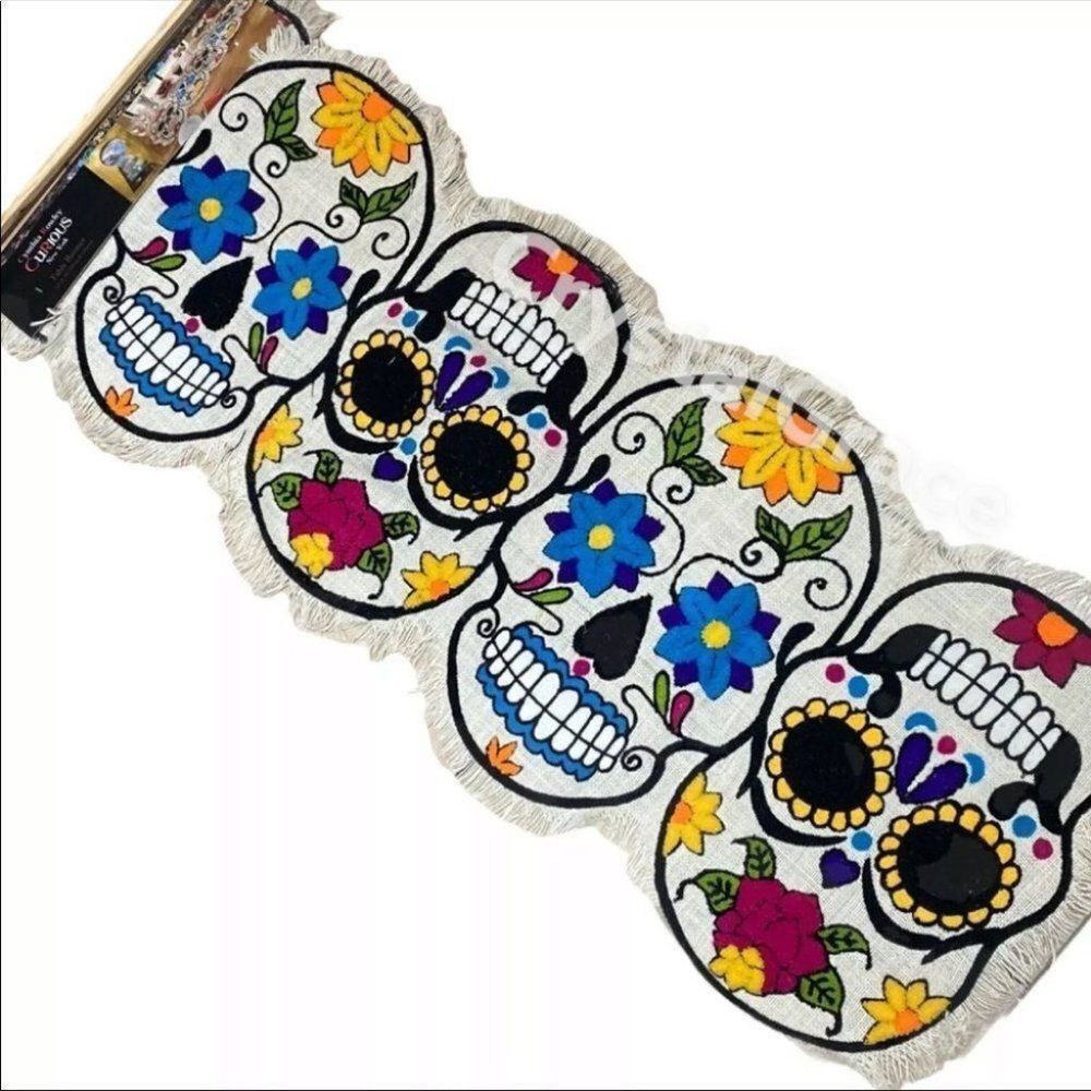 Sugar Skull Halloween Day of‎ The Dead Table Runner Floral CURIOUS